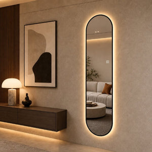 English Elm 65 Inch Capsule LED Full Length Wall Mirror with Matte Black Frame and Dimmable Touch Control W2709P501958