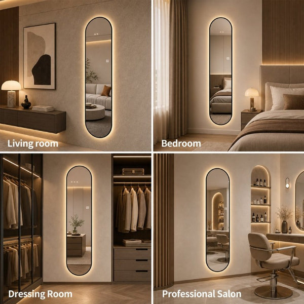 English Elm 65 Inch Capsule LED Full Length Wall Mirror with Matte Black Frame and Dimmable Touch Control W2709P501958