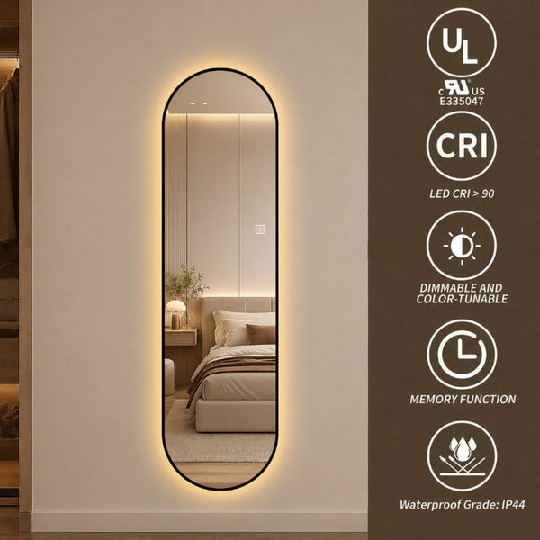 English Elm 65 Inch Capsule LED Full Length Wall Mirror with Matte Black Frame and Dimmable Touch Control W2709P501958