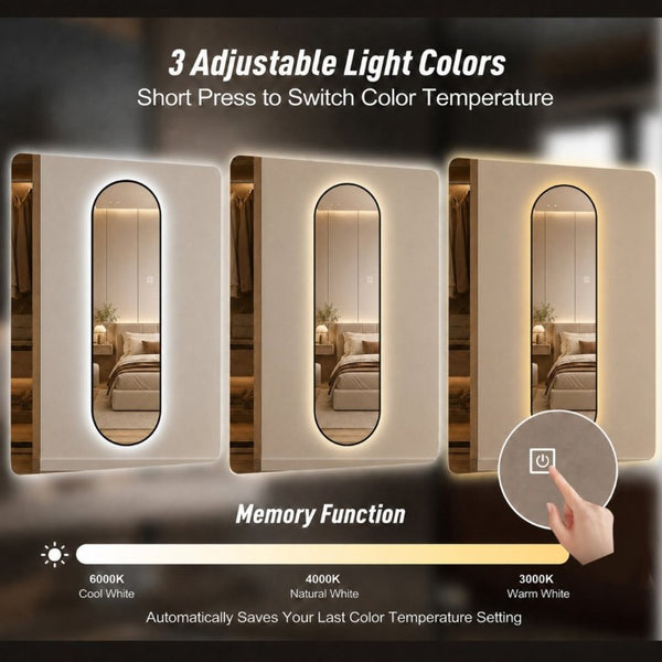 English Elm 65 Inch Capsule LED Full Length Wall Mirror with Matte Black Frame and Dimmable Touch Control W2709P501958