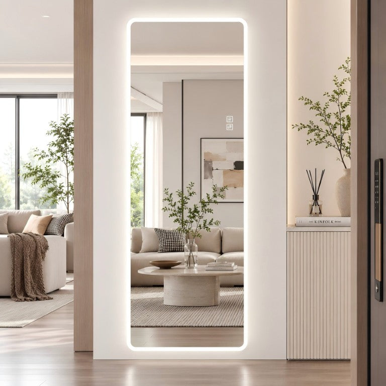English Elm 65 Inch LED Full Length Wall Mirror with Frosted Perimeter Glow and Dimmable Lighting 63 x 24 inches W2709P536904