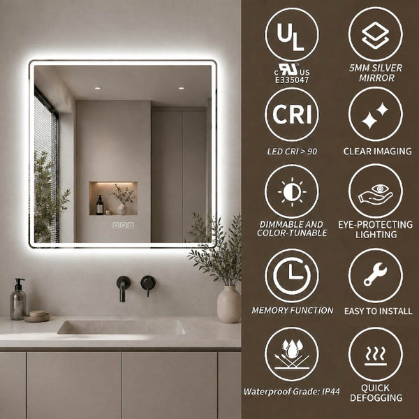 English Elm 36 Inch Square LED Vanity Mirror with Anti-Fog Frosted Band and Dimmable Warm Light W2709P536930