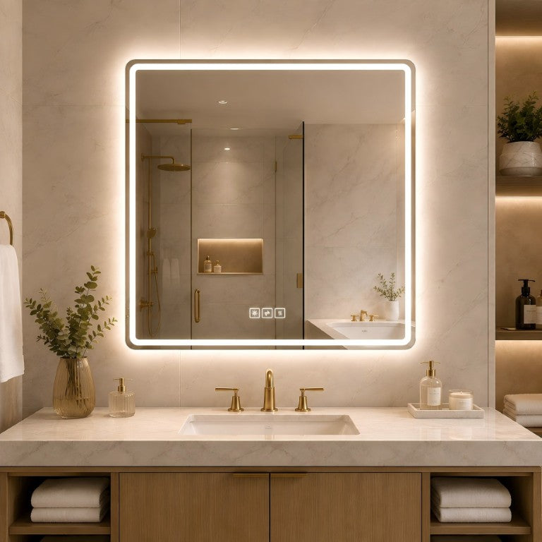 English Elm 36 Inch Square LED Vanity Mirror with Anti-Fog Frosted Band and Dimmable Warm Light W2709P536930