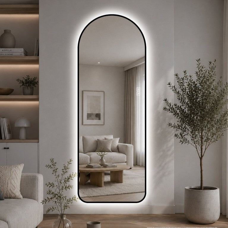 English Elm 65 Inch Arched LED Backlit Full Length Mirror with Black Aluminum Frame and Dimming Control W2709P536933