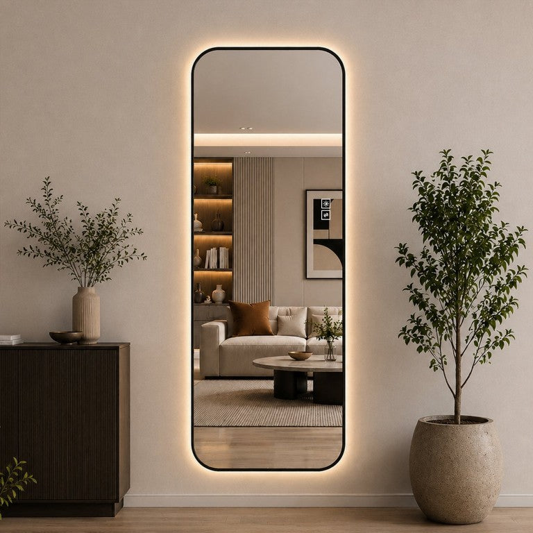 English Elm 65 Inch Backlit Full Length Mirror Dimmable LED Halo Black Aluminum Frame Bedroom W2709P536942