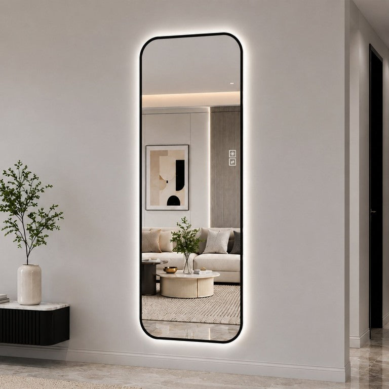 English Elm 65 Inch Backlit Full Length Mirror Dimmable LED Halo Black Aluminum Frame Bedroom W2709P536942