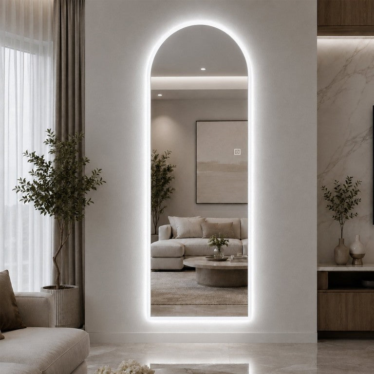 English Elm 65 Inch Arched LED Full Length Wall Mirror with Frosted Perimeter Glow and Dimming W2709P536948