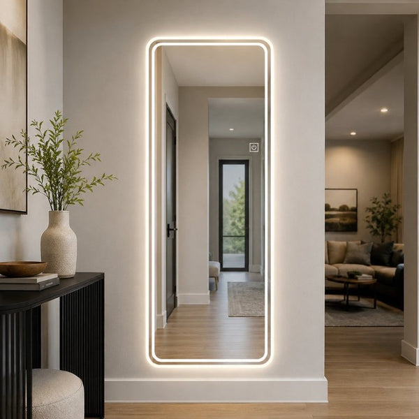 English Elm 65 Inch LED Full Length Wall Mirror with Dual Frosted Light Bands and Stepless Dimming W2709P539065
