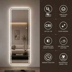 English Elm 65 Inch LED Full Length Wall Mirror with Dual Frosted Light Bands and Stepless Dimming W2709P539065