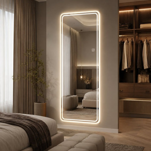 English Elm 65 Inch LED Full Length Wall Mirror with Dual Frosted Light Bands and Stepless Dimming W2709P539065