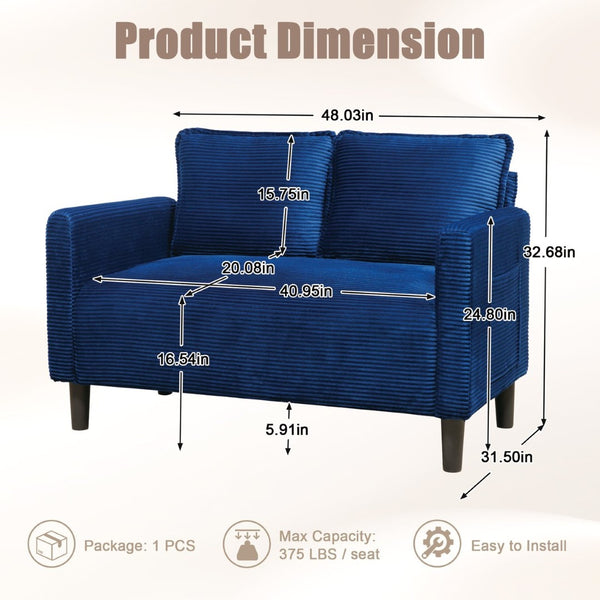 English Elm 48" Corduroy Loveseat with Side Storage Pocket Solid Wood Frame Apartment Sofa W2715P491985
