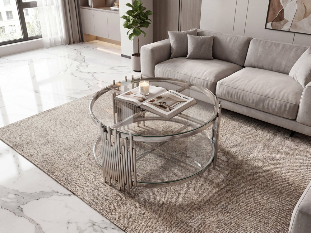 English Elm 201 Stainless Steel Round Coffee Table Two Tier Tempered Glass Modern Living Room W2723P497794