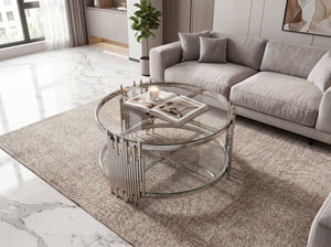 English Elm 201 Stainless Steel Round Coffee Table Two Tier Tempered Glass Modern Living Room W2723P497794