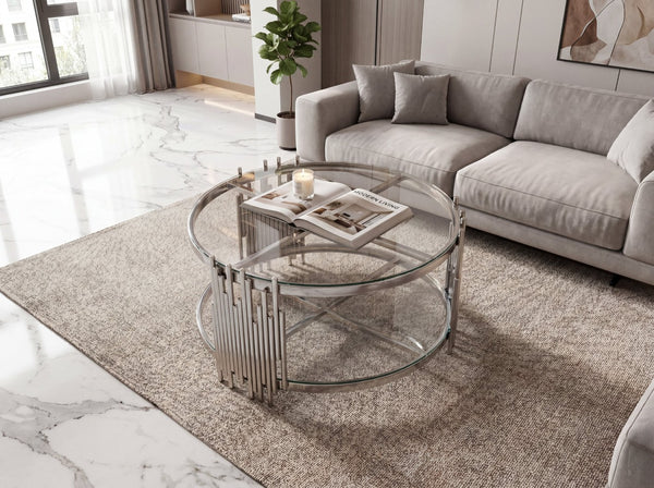 English Elm 201 Stainless Steel Round Coffee Table Two Tier Tempered Glass Modern Living Room W2723P497794