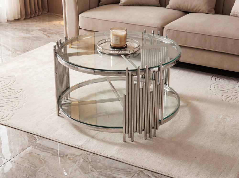 English Elm 201 Stainless Steel Round Coffee Table Two Tier Tempered Glass Modern Living Room W2723P497794