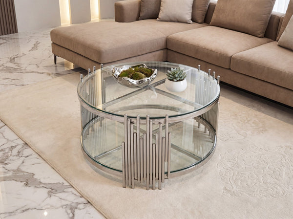 English Elm 201 Stainless Steel Round Coffee Table Two Tier Tempered Glass Modern Living Room W2723P497794