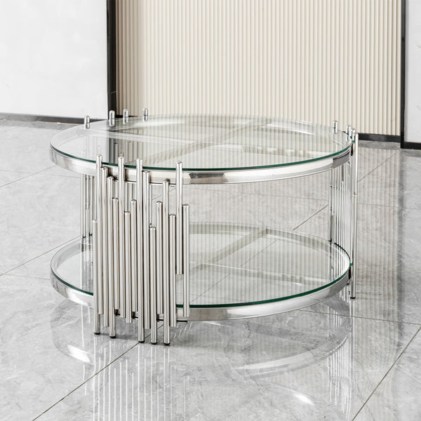 English Elm 201 Stainless Steel Round Coffee Table Two Tier Tempered Glass Modern Living Room W2723P497794