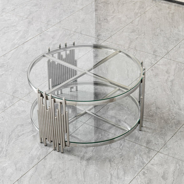 English Elm 201 Stainless Steel Round Coffee Table Two Tier Tempered Glass Modern Living Room W2723P497794