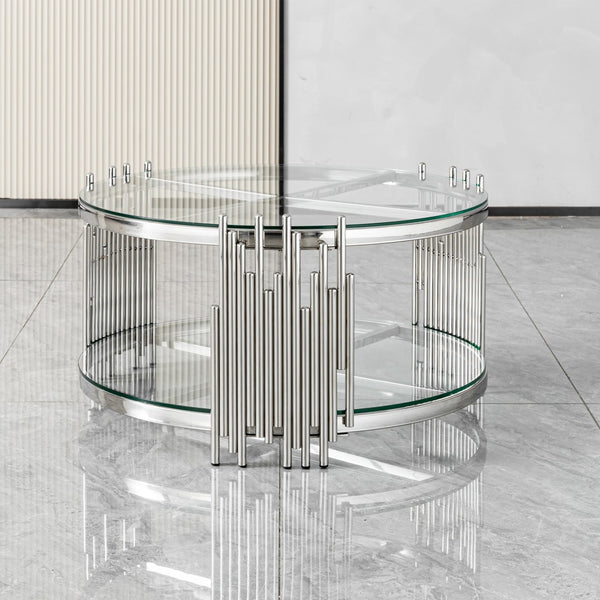 English Elm 201 Stainless Steel Round Coffee Table Two Tier Tempered Glass Modern Living Room W2723P497794