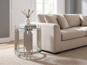 English Elm Luxury Wave Frame Round Glass Side Table Mirrored Steel Accent for Living Room W2723P497803