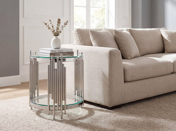 English Elm Luxury Wave Frame Round Glass Side Table Mirrored Steel Accent for Living Room W2723P497803
