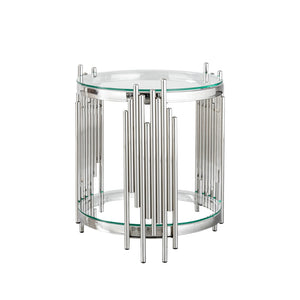 English Elm Luxury Wave Frame Round Glass Side Table Mirrored Steel Accent for Living Room W2723P497803