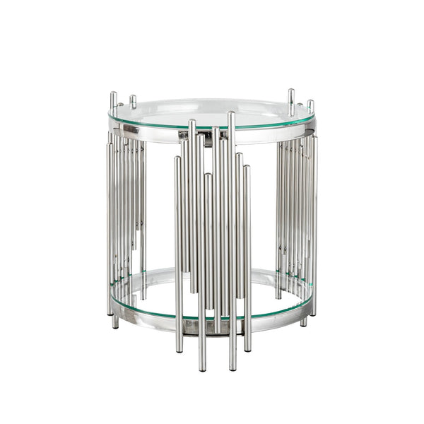 English Elm Luxury Wave Frame Round Glass Side Table Mirrored Steel Accent for Living Room W2723P497803