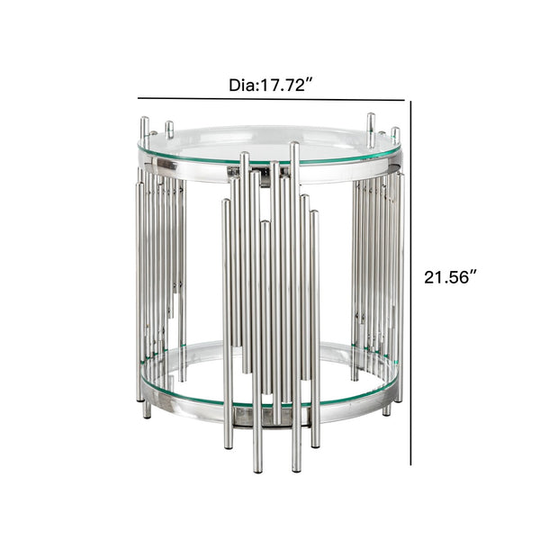 English Elm Luxury Wave Frame Round Glass Side Table Mirrored Steel Accent for Living Room W2723P497803