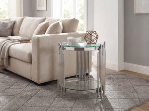 English Elm Luxury Wave Frame Round Glass Side Table Mirrored Steel Accent for Living Room W2723P497803