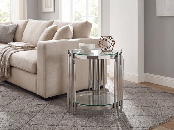 English Elm Luxury Wave Frame Round Glass Side Table Mirrored Steel Accent for Living Room W2723P497803