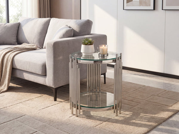 English Elm Luxury Wave Frame Round Glass Side Table Mirrored Steel Accent for Living Room W2723P497803