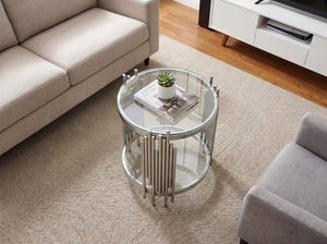 English Elm Luxury Wave Frame Round Glass Side Table Mirrored Steel Accent for Living Room W2723P497803