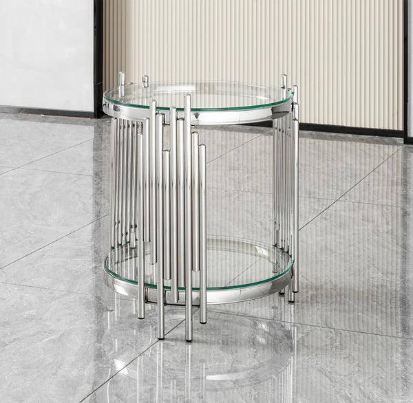 English Elm Luxury Wave Frame Round Glass Side Table Mirrored Steel Accent for Living Room W2723P497803