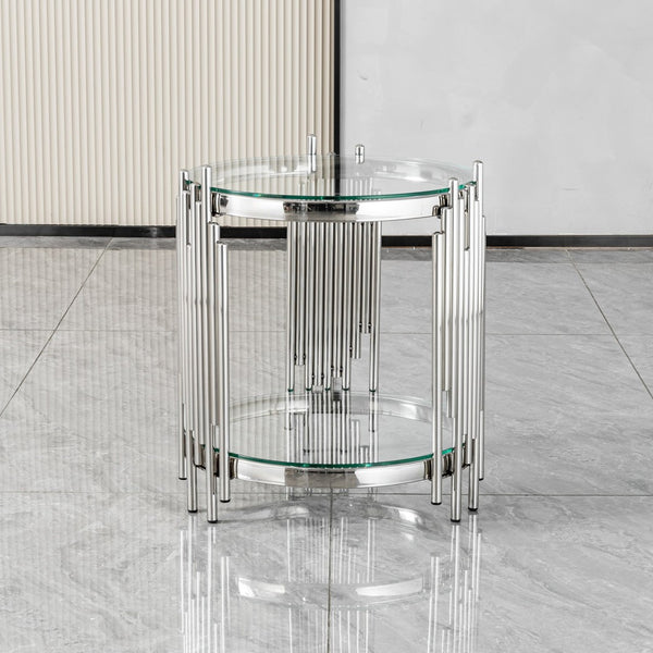 English Elm Luxury Wave Frame Round Glass Side Table Mirrored Steel Accent for Living Room W2723P497803