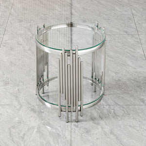 English Elm Luxury Wave Frame Round Glass Side Table Mirrored Steel Accent for Living Room W2723P497803