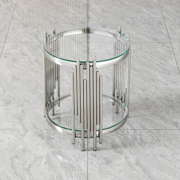 English Elm Luxury Wave Frame Round Glass Side Table Mirrored Steel Accent for Living Room W2723P497803