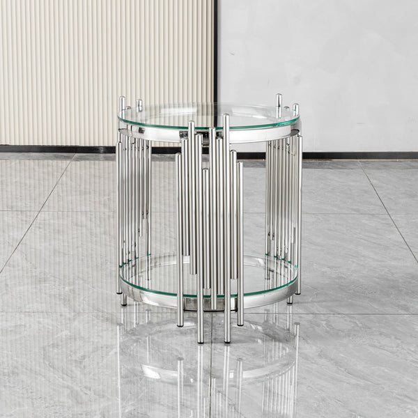 English Elm Luxury Wave Frame Round Glass Side Table Mirrored Steel Accent for Living Room W2723P497803