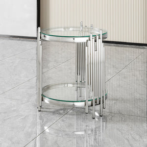 English Elm Luxury Wave Frame Round Glass Side Table Mirrored Steel Accent for Living Room W2723P497803