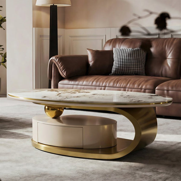 English Elm 51.18" Oval Sintered Stone Coffee Table Gold Base Marble Veined Top with Drawer W2723S00085
