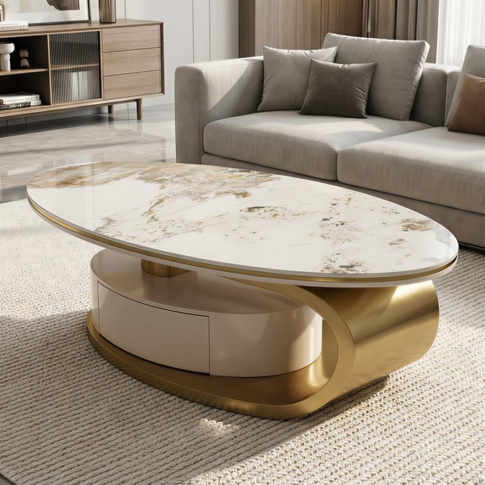 English Elm 51.18" Oval Sintered Stone Coffee Table Gold Base Marble Veined Top with Drawer W2723S00085