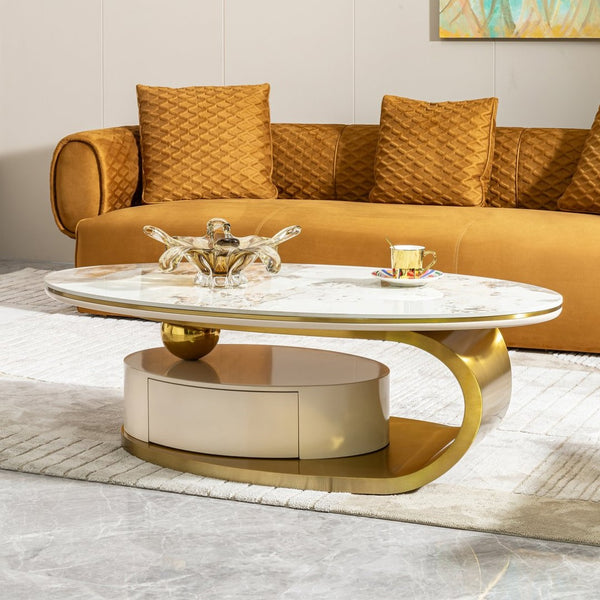 English Elm 51.18" Oval Sintered Stone Coffee Table Gold Base Marble Veined Top with Drawer W2723S00085