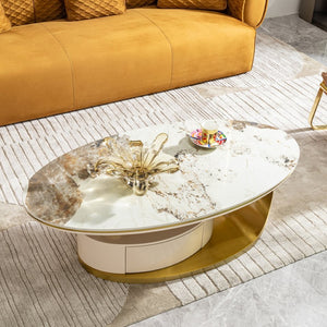 English Elm 51.18" Oval Sintered Stone Coffee Table Gold Base Marble Veined Top with Drawer W2723S00085