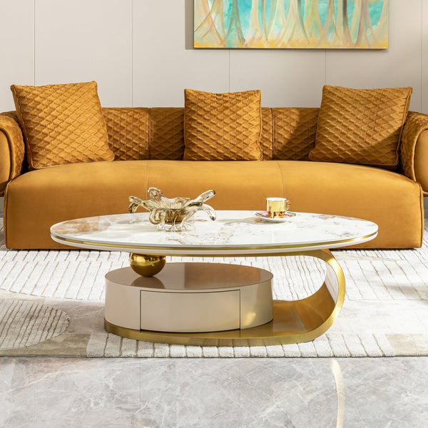 English Elm 51.18" Oval Sintered Stone Coffee Table Gold Base Marble Veined Top with Drawer W2723S00085