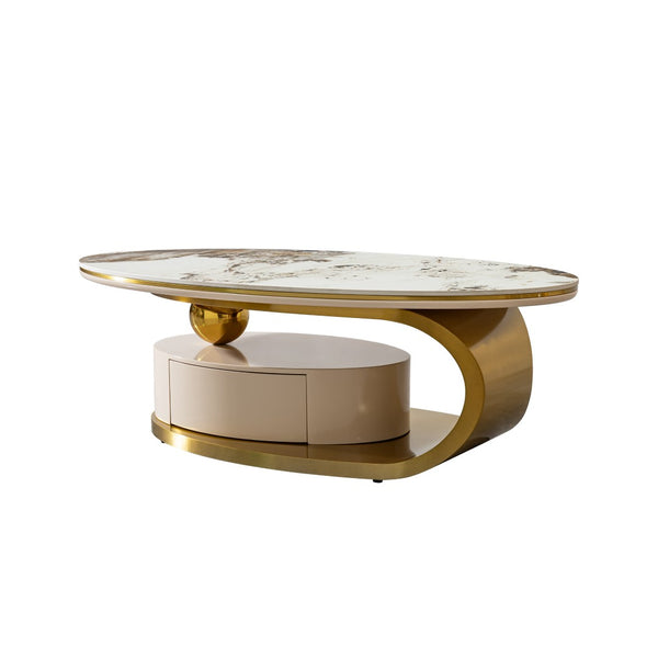 English Elm 51.18" Oval Sintered Stone Coffee Table Gold Base Marble Veined Top with Drawer W2723S00085