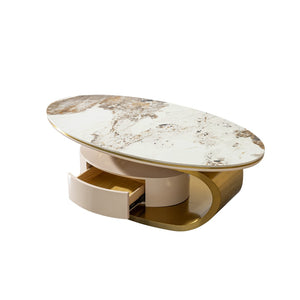 English Elm 51.18" Oval Sintered Stone Coffee Table Gold Base Marble Veined Top with Drawer W2723S00085