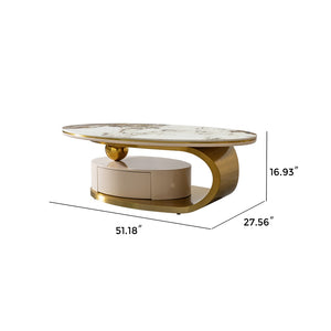 English Elm 51.18" Oval Sintered Stone Coffee Table Gold Base Marble Veined Top with Drawer W2723S00085