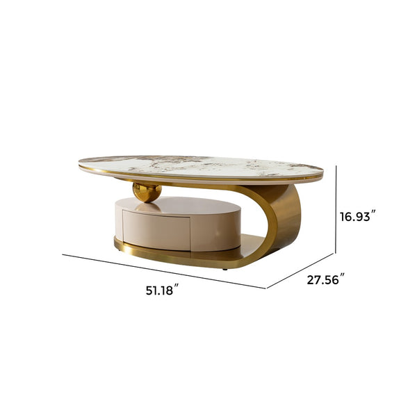English Elm 51.18" Oval Sintered Stone Coffee Table Gold Base Marble Veined Top with Drawer W2723S00085