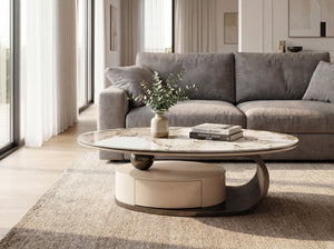 English Elm 51.18" Oval Faux Marble Glass Coffee Table Sculptural Steel Base with Storage Drawer W2723S00095
