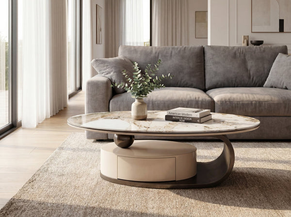 English Elm 51.18" Oval Faux Marble Glass Coffee Table Sculptural Steel Base with Storage Drawer W2723S00095