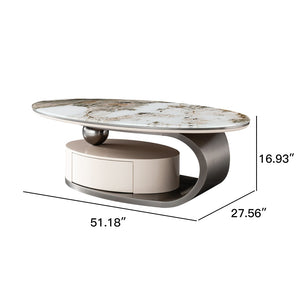 English Elm 51.18" Oval Faux Marble Glass Coffee Table Sculptural Steel Base with Storage Drawer W2723S00095